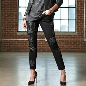 KLEYMAC Black Floral Botanical Graphic Ankle Pants Edgy Chic Spain Moto Grunge